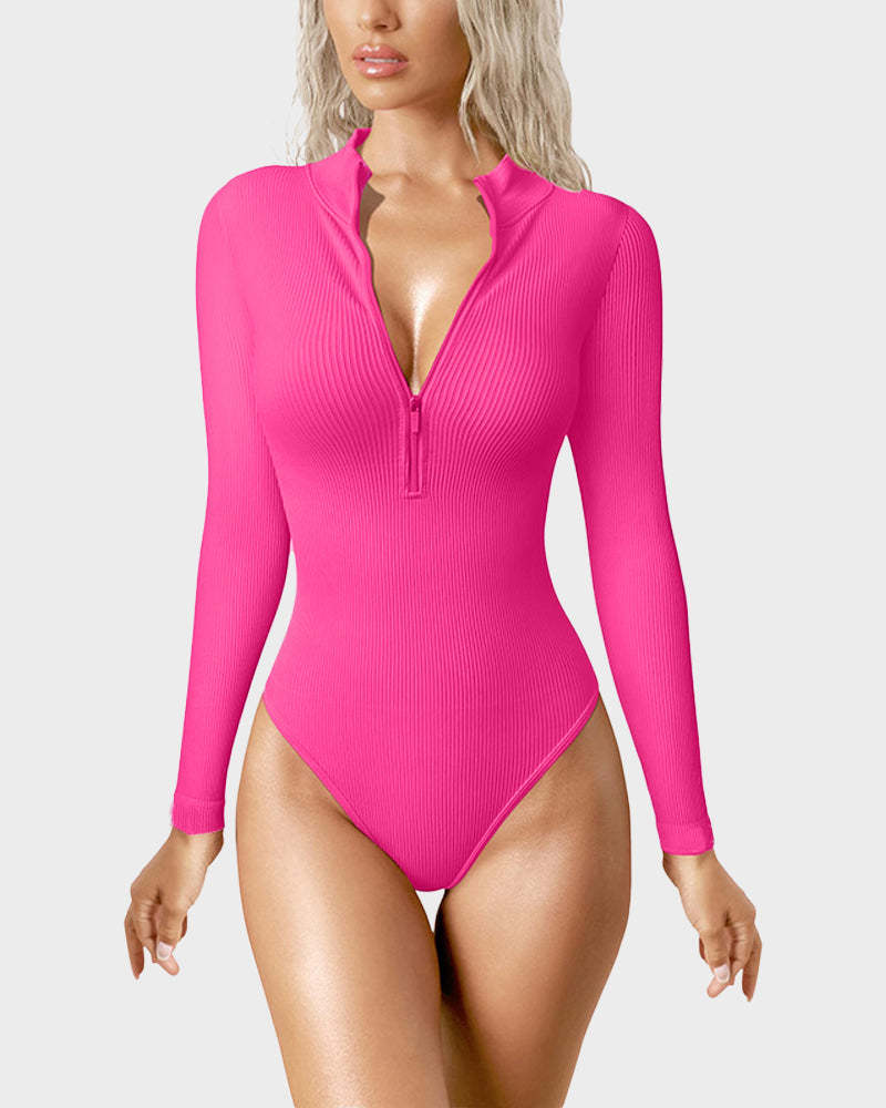 Vibecurve® Ribbed Long Sleeve Half-Zip Shaping Bodysuit