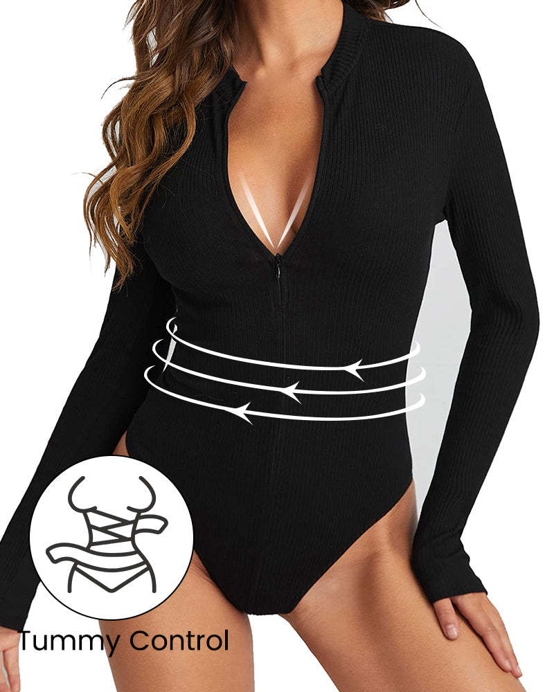 Vibecurve® Ribbed Long Sleeve Half-Zip Shaping Bodysuit