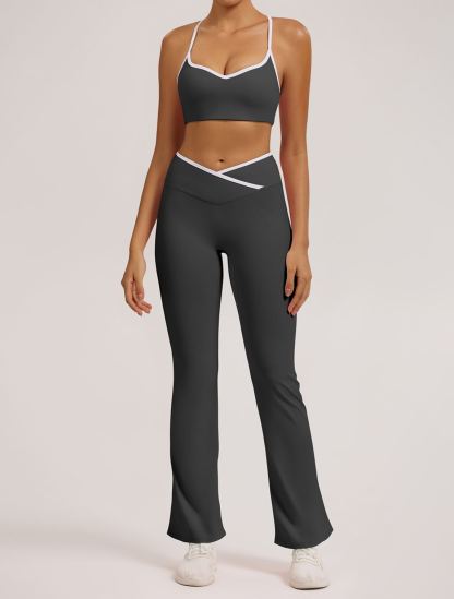 Vibecurve® Contrast Color Crossover High Waist Wide Leg Flared Trousers