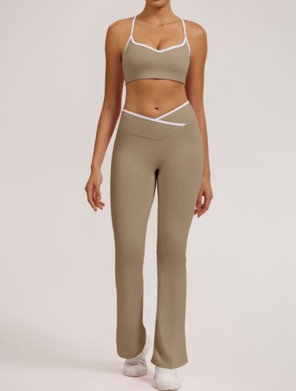 Vibecurve® Contrast Color Crossover High Waist Wide Leg Flared Trousers