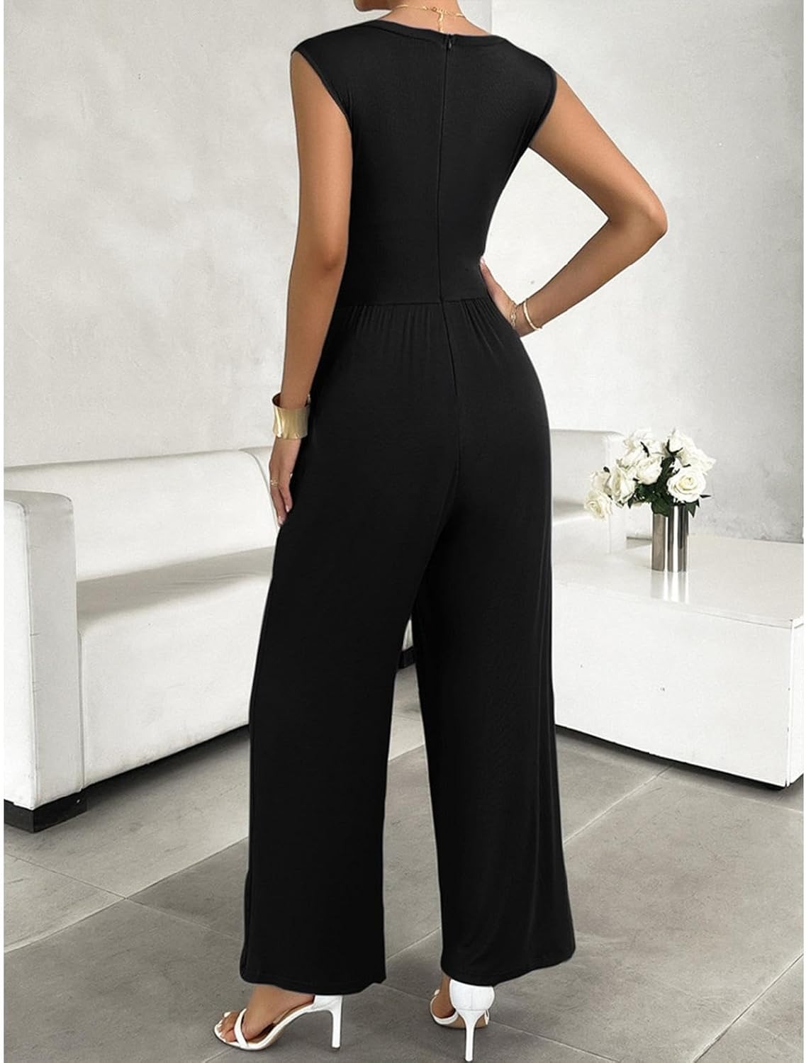Vibecurve®Women Jumpsuit Wide Leg Sleeveless Neck Pleated Commute Tight Waist Office Outfit