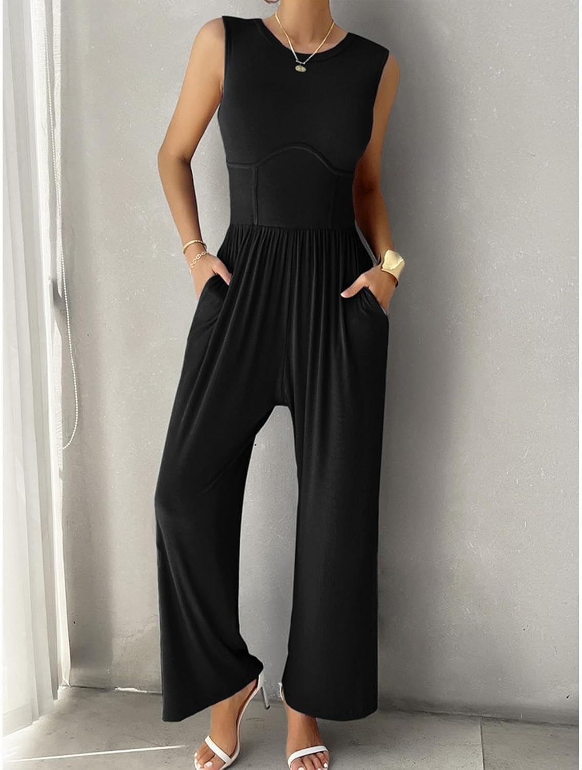 Vibecurve®Women Jumpsuit Wide Leg Sleeveless Neck Pleated Commute Tight Waist Office Outfit