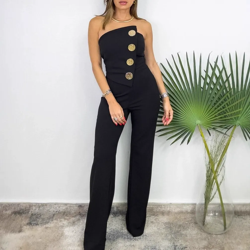 Vibecurve®Sexy Tube Top Button-Decorated Flared Jumpsuit