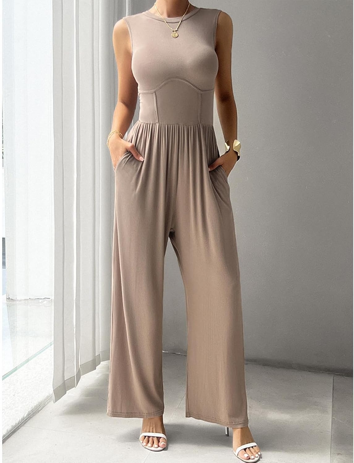 Vibecurve®Women Jumpsuit Wide Leg Sleeveless Neck Pleated Commute Tight Waist Office Outfit