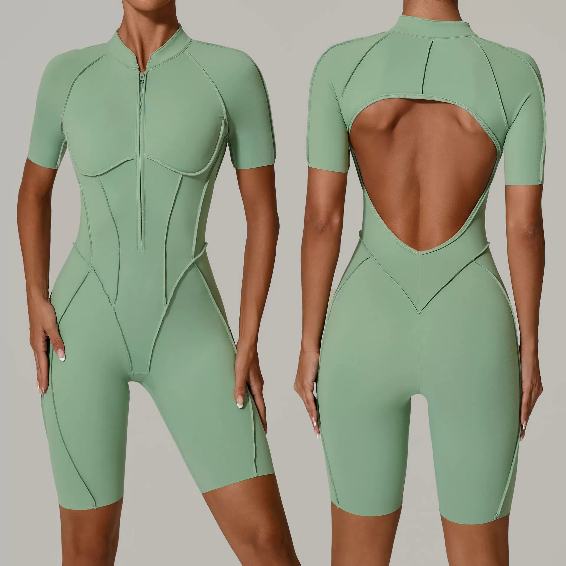 Vibecurve®Zippered short-sleeved outerwear fitness yoga jumpsuit