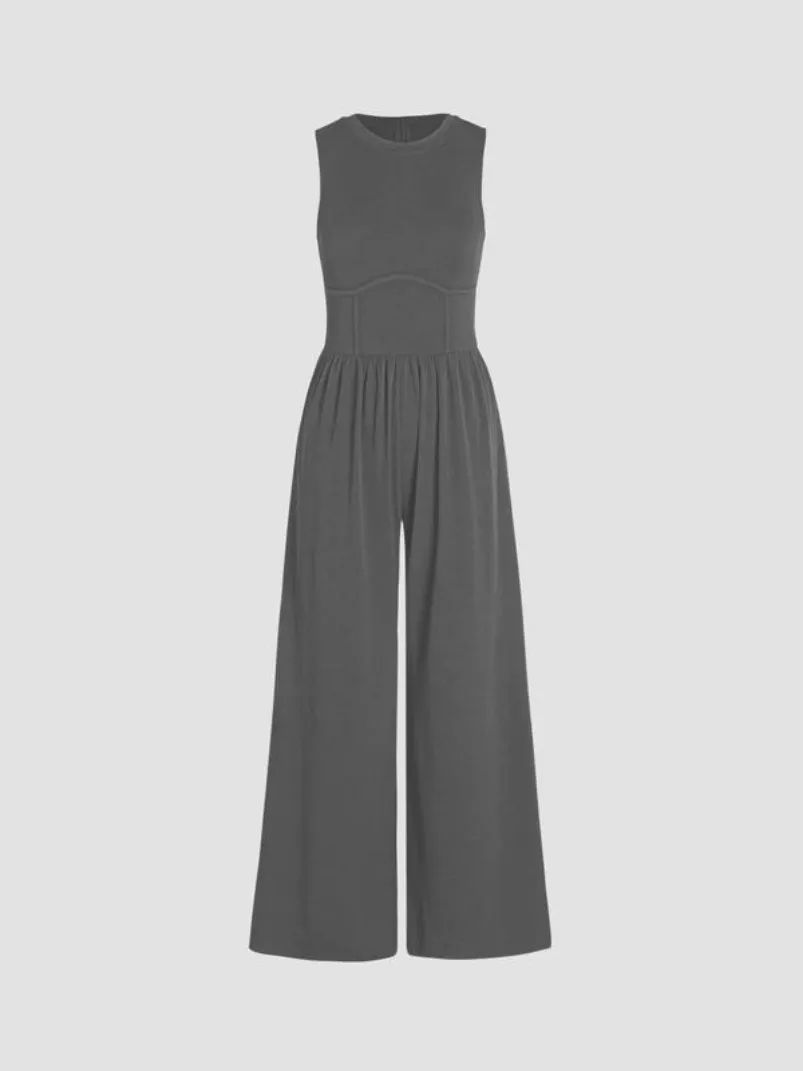 Vibecurve®Women Jumpsuit Wide Leg Sleeveless Neck Pleated Commute Tight Waist Office Outfit