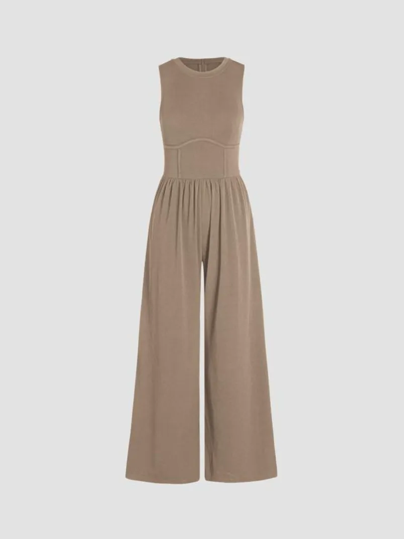 Vibecurve®Women Jumpsuit Wide Leg Sleeveless Neck Pleated Commute Tight Waist Office Outfit