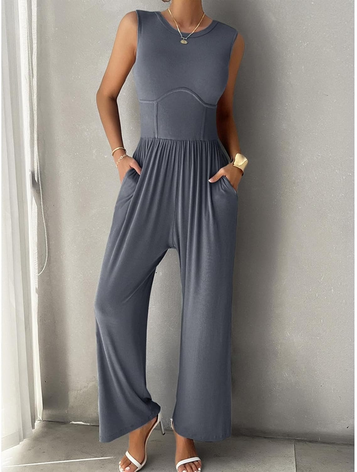 Vibecurve®Women Jumpsuit Wide Leg Sleeveless Neck Pleated Commute Tight Waist Office Outfit