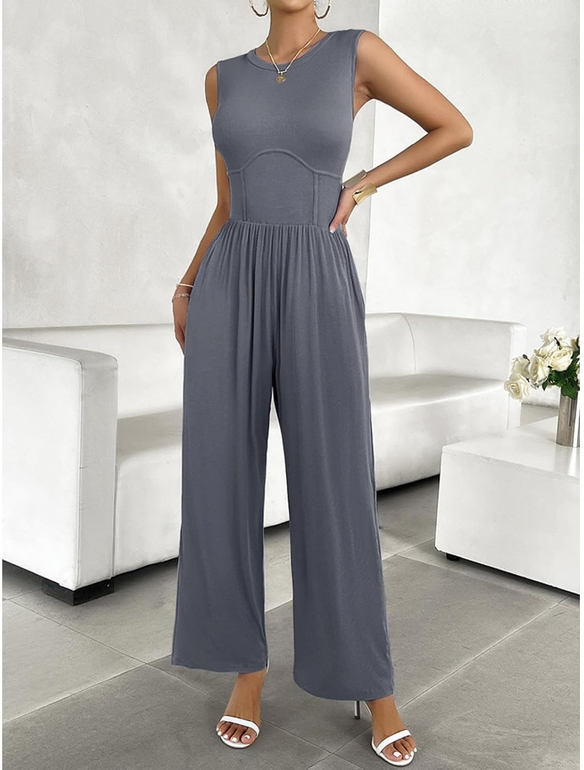 Vibecurve®Women Jumpsuit Wide Leg Sleeveless Neck Pleated Commute Tight Waist Office Outfit