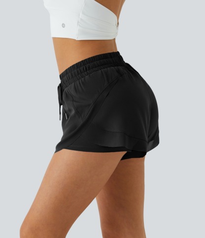 Vibecurve®Mid Rise Drawstring Contrast Mesh 2-in-1 Flowy Running Shorts