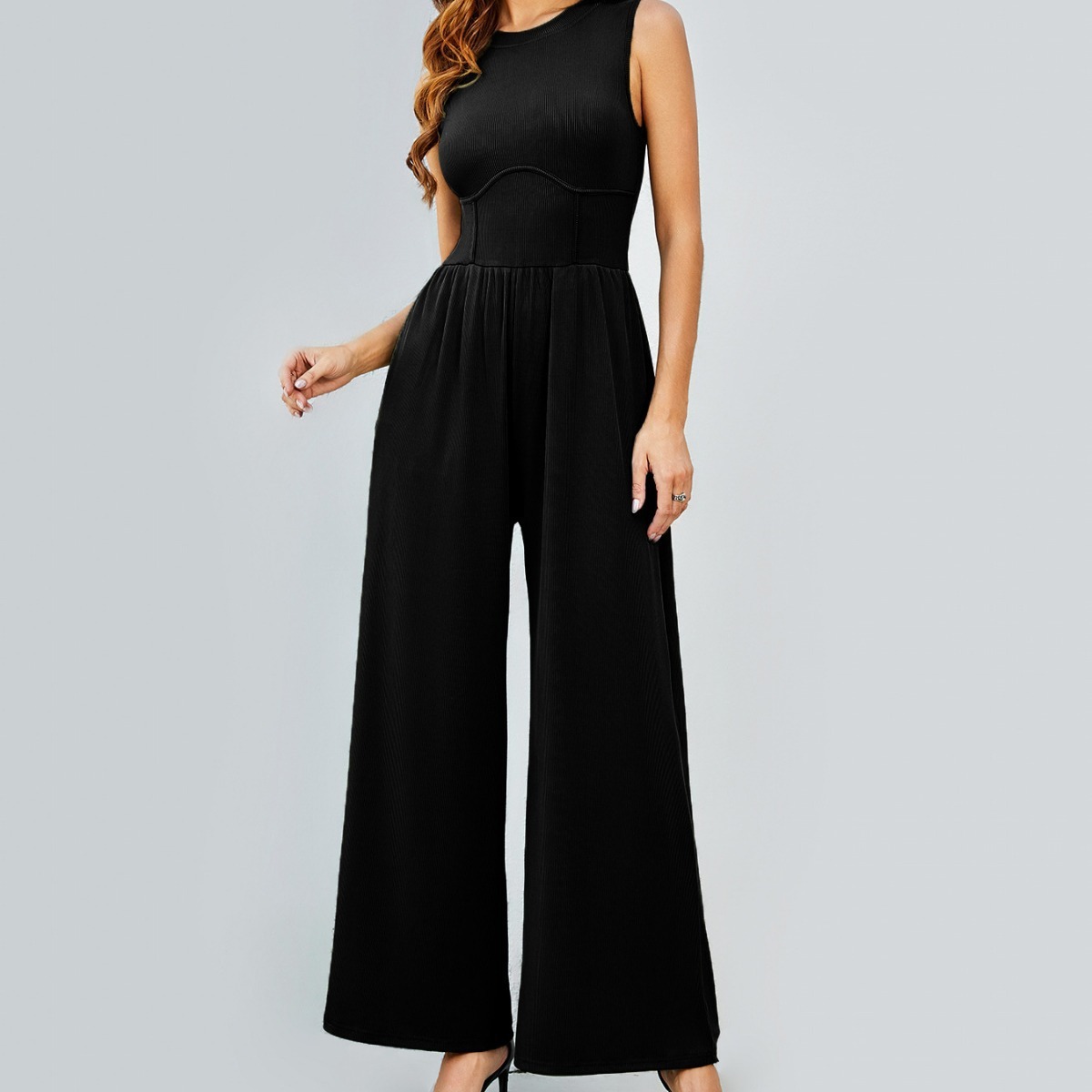 Vibecurve®Women Jumpsuit Wide Leg Sleeveless Neck Pleated Commute Tigh