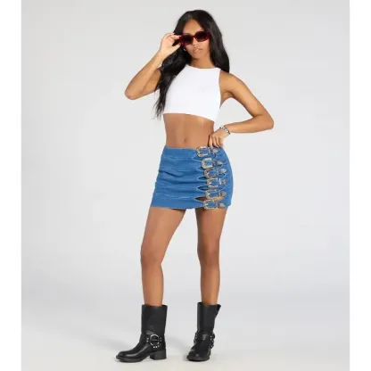 Vibecurve® Buckle Down High-Rise Denim Skort