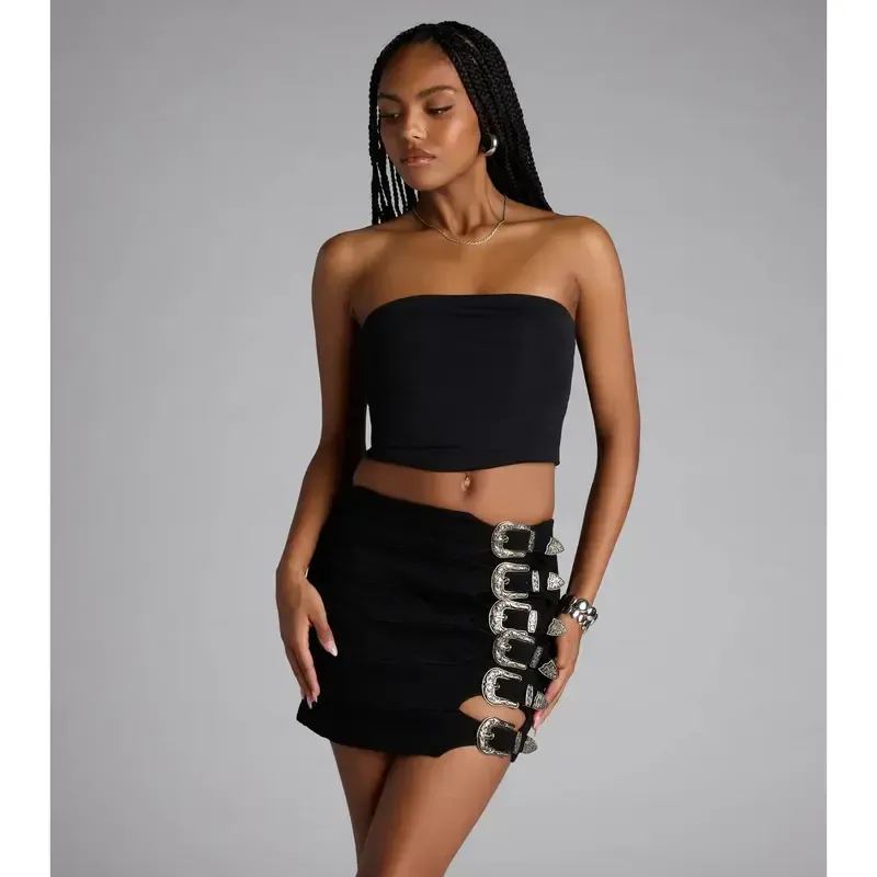 Vibecurve® Buckle Down High-Rise Denim Skort