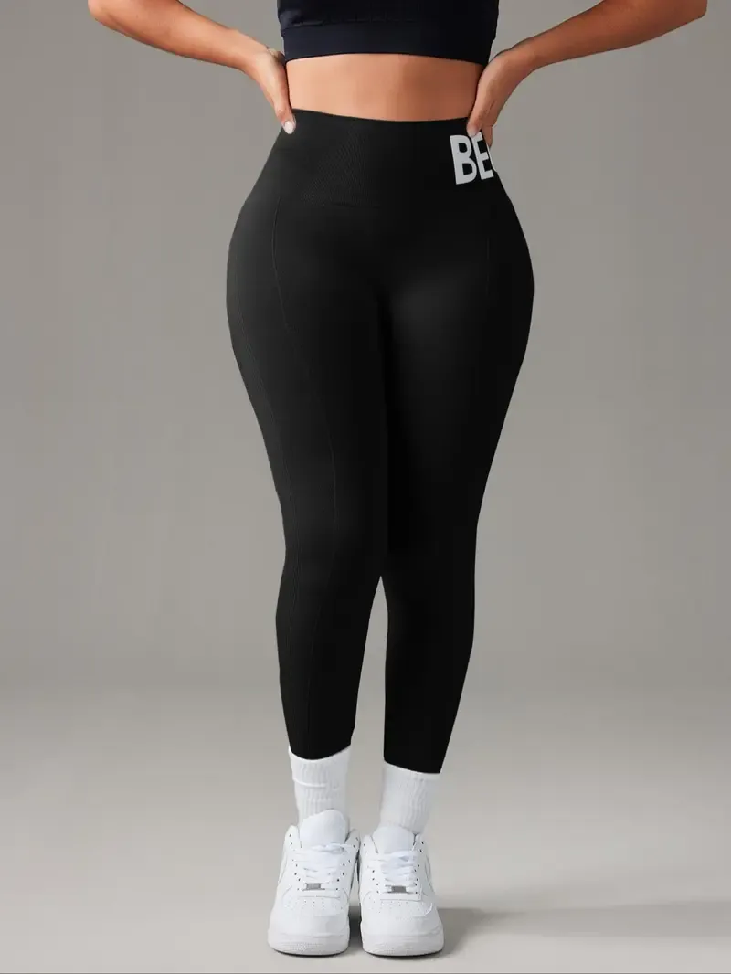 Vibecurve® Women's Solid Color Letter Pattern High WaistSports Leggings