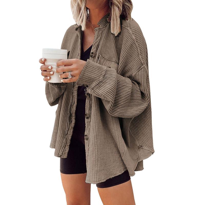 Vibecurve® Loose Fit Batwing Sleeve Waffle Knit Button Down Shirt Shacket Tops