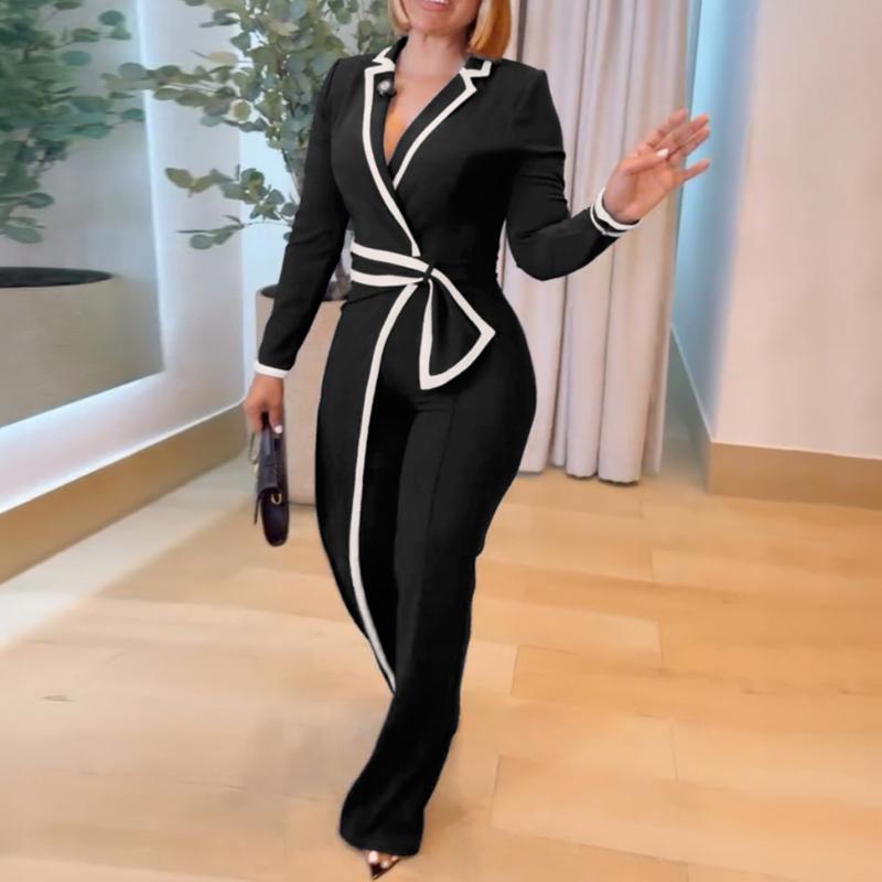 Vibecurve® Contrast Paneled Notched Collar Padded shoulders Work Jumpsuit