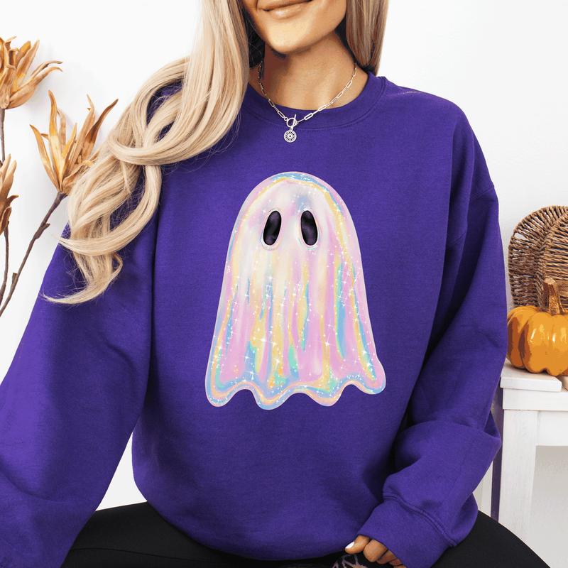 Vibecurve® Shimmering Ghost, Iridescent Ghost, Boo, Cute Ghost, Faux Glitter Ghost, Spooky Season, Halloween Sweatshirt