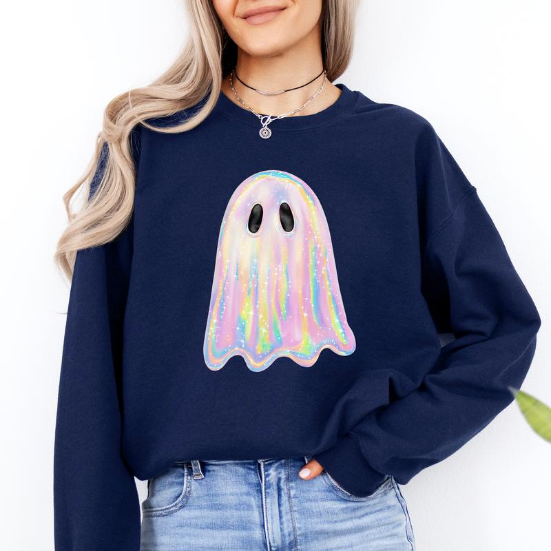 Vibecurve® Shimmering Ghost, Iridescent Ghost, Boo, Cute Ghost, Faux Glitter Ghost, Spooky Season, Halloween Sweatshirt