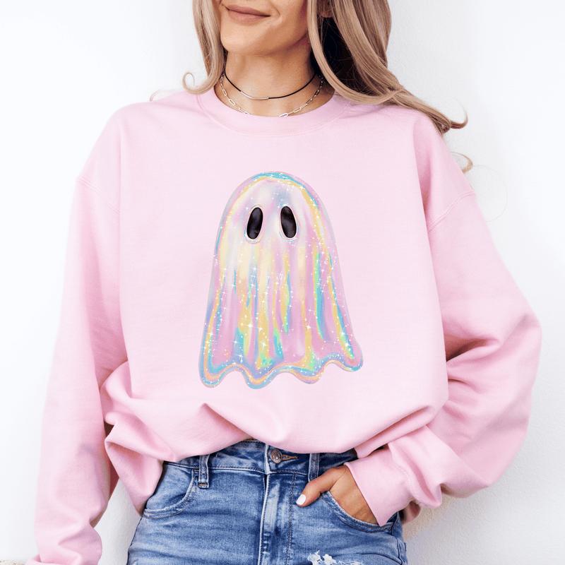 Vibecurve® Shimmering Ghost, Iridescent Ghost, Boo, Cute Ghost, Faux Glitter Ghost, Spooky Season, Halloween Sweatshirt