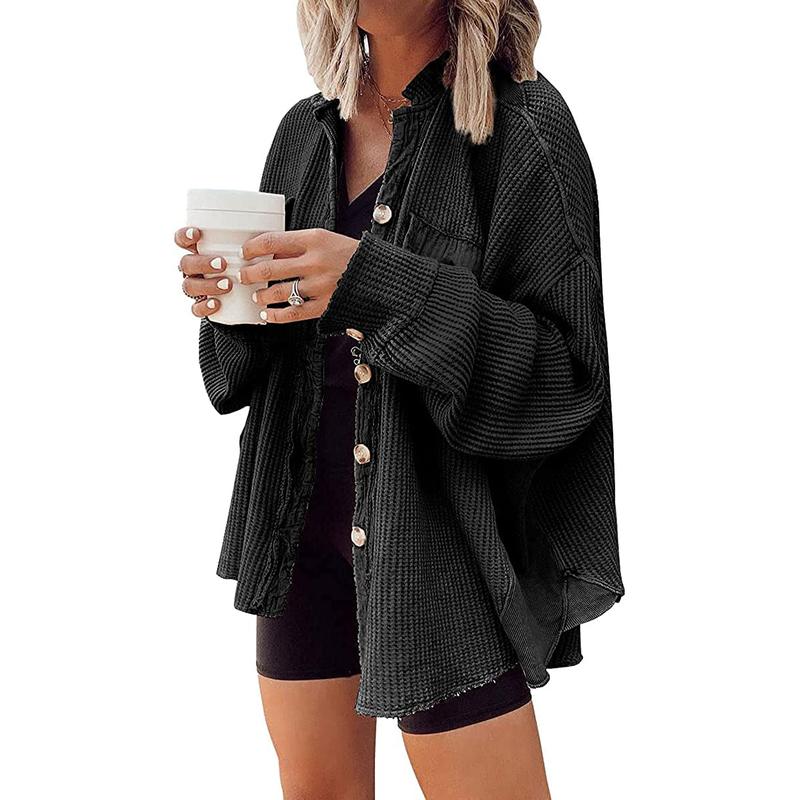 Vibecurve® Loose Fit Batwing Sleeve Waffle Knit Button Down Shirt Shacket Tops