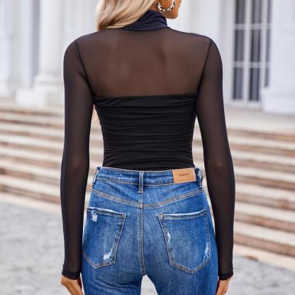 Vibecurve® Long Sleeve Bodysuit Turtle Neck Ruched Mesh Shapewear