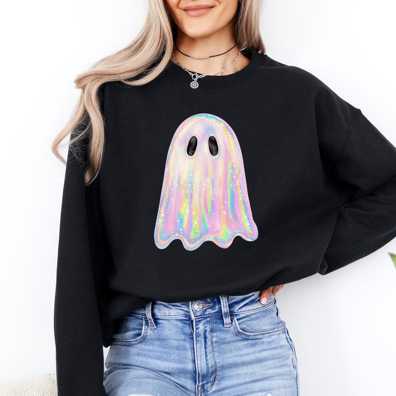 Vibecurve® Shimmering Ghost, Iridescent Ghost, Boo, Cute Ghost, Faux Glitter Ghost, Spooky Season, Halloween Sweatshirt