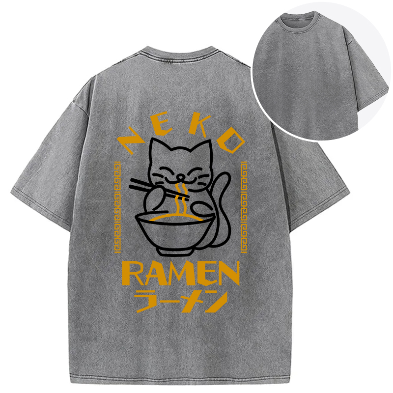 Tokyocanvas Cat Obsessed With Ramen Back Washed T-Shirt