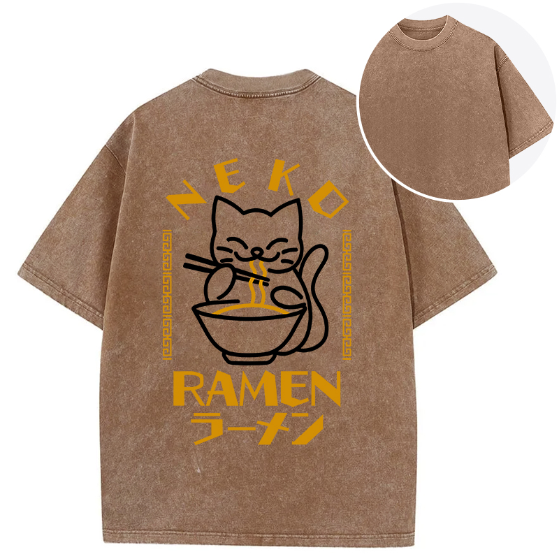 Tokyocanvas Cat Obsessed With Ramen Back Washed T-Shirt