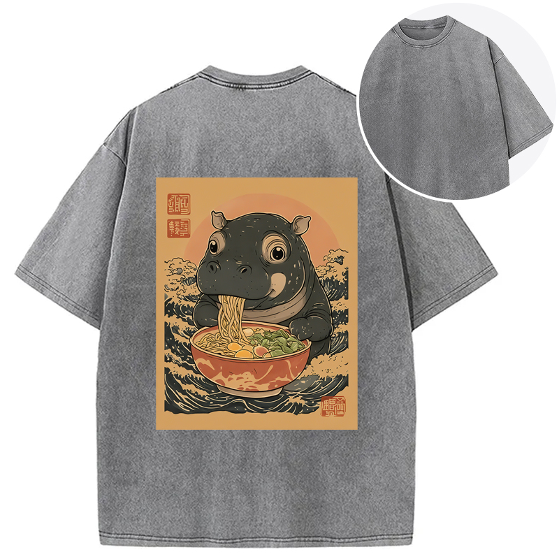 Tokyocanvas Moo Deng Eat Ramen Back Washed T-Shirt