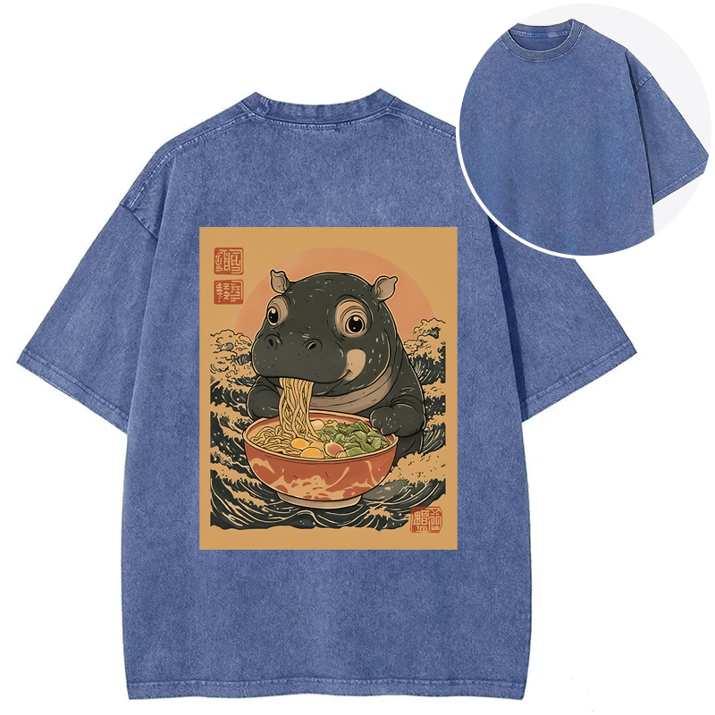 Tokyocanvas Moo Deng Eat Ramen Back Washed T-Shirt