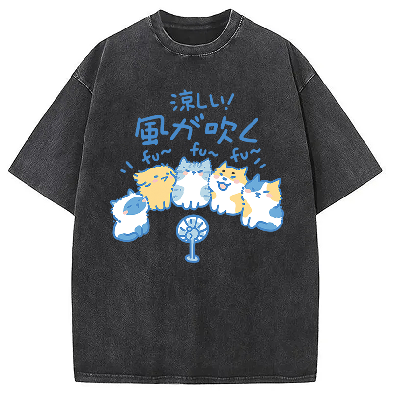 Tokyocanvas Cooling From The Heat Funny Dog And Cat Washed T-Shirt