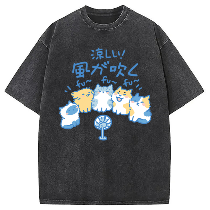 Tokyocanvas Cooling From The Heat Funny Dog And Cat Washed T-Shirt