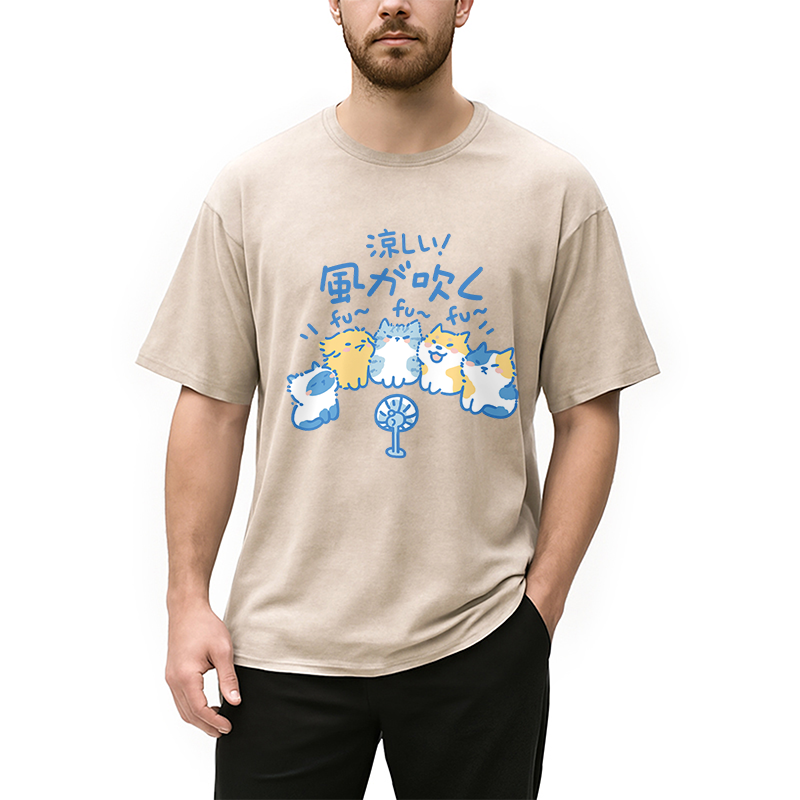 Tokyocanvas Cooling From The Heat Funny Dog And Cat Washed T-Shirt