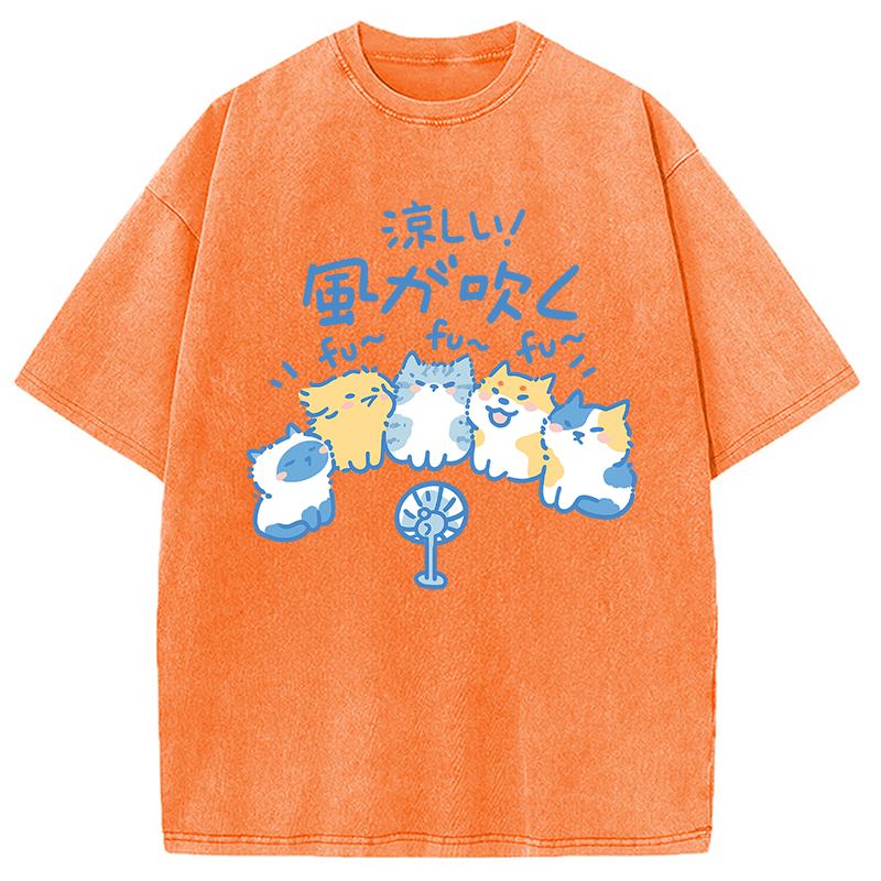 Tokyocanvas Cooling From The Heat Funny Dog And Cat Washed T-Shirt