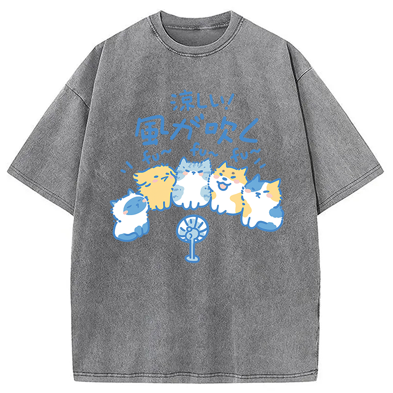 Tokyocanvas Cooling From The Heat Funny Dog And Cat Washed T-Shirt