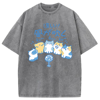 Tokyocanvas Cooling From The Heat Funny Dog And Cat Washed T-Shirt
