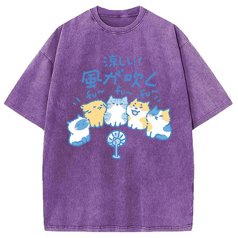 Tokyocanvas Cooling From The Heat Funny Dog And Cat Washed T-Shirt