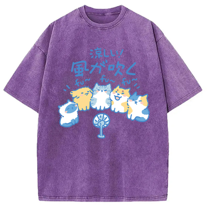 Tokyocanvas Cooling From The Heat Funny Dog And Cat Washed T-Shirt