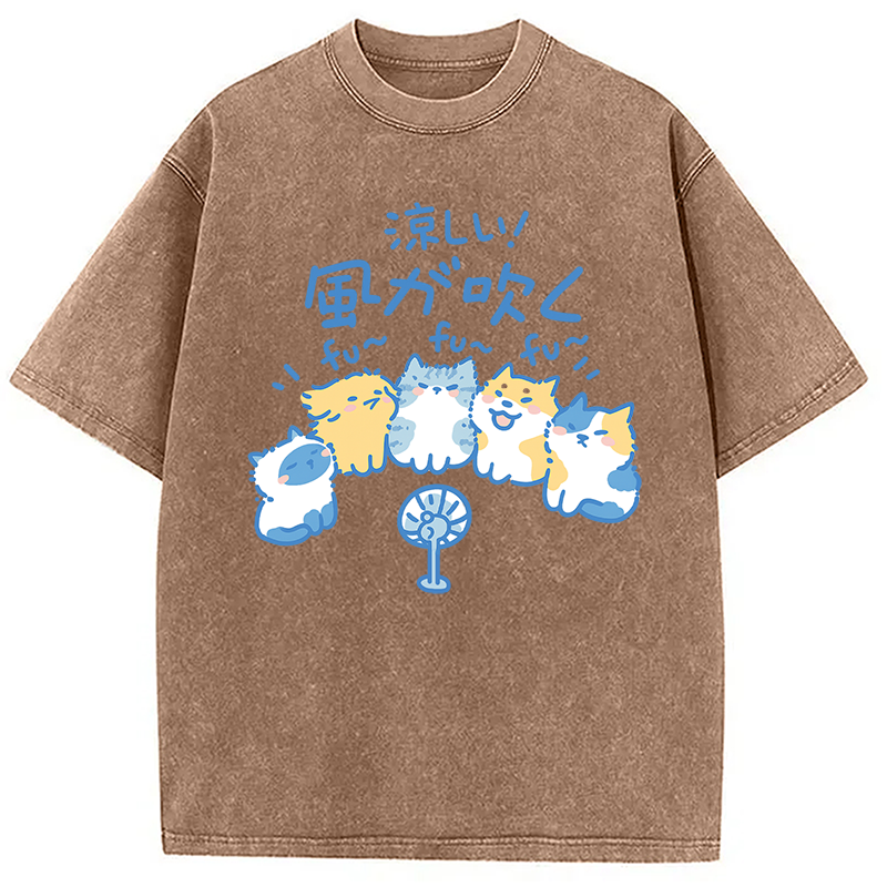 Tokyocanvas Cooling From The Heat Funny Dog And Cat Washed T-Shirt