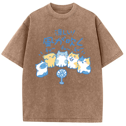 Tokyocanvas Cooling From The Heat Funny Dog And Cat Washed T-Shirt