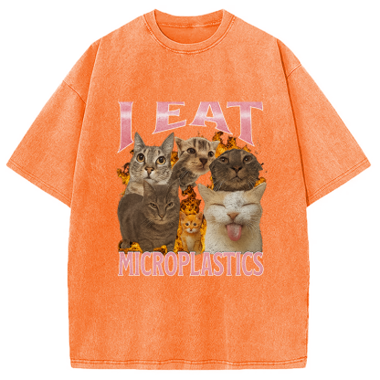 Tokyocanvas I Eat Microplastics Funny Cat Meme Washed T-Shirt