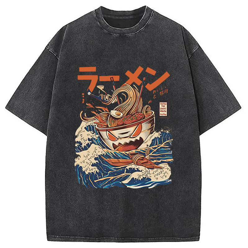 Tokyocanvas The Great Wave Ramen Yokai Washed T-Shirt