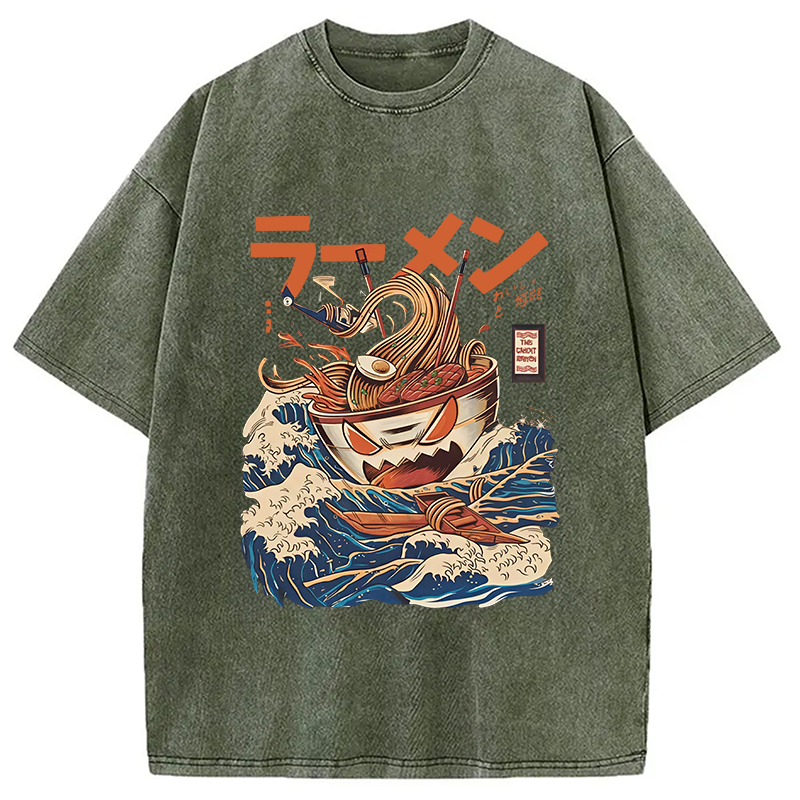 Tokyocanvas The Great Wave Ramen Yokai Washed T-Shirt