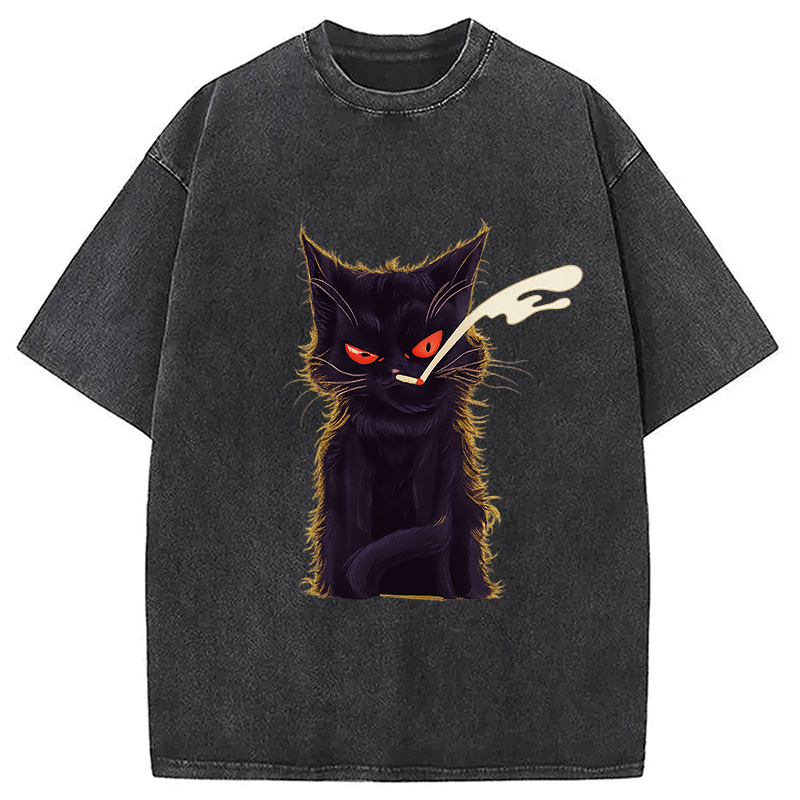 Tokyocanvas Funny Smoking Black Cat Face Washed T-Shirt