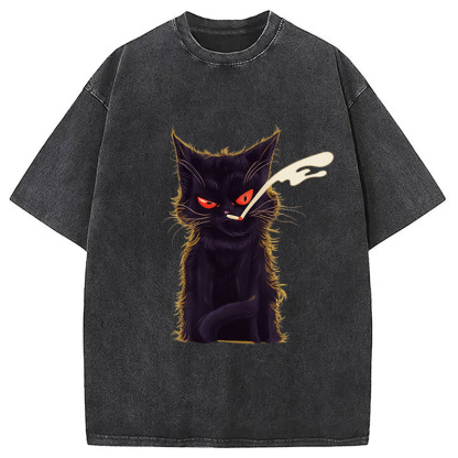 Tokyocanvas Funny Smoking Black Cat Face Washed T-Shirt