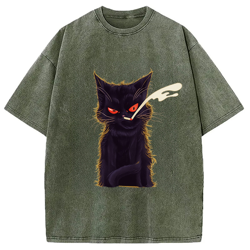 Tokyocanvas Funny Smoking Black Cat Face Washed T-Shirt