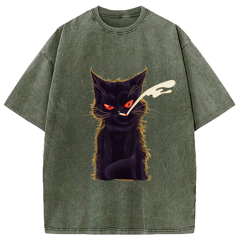 Tokyocanvas Funny Smoking Black Cat Face Washed T-Shirt
