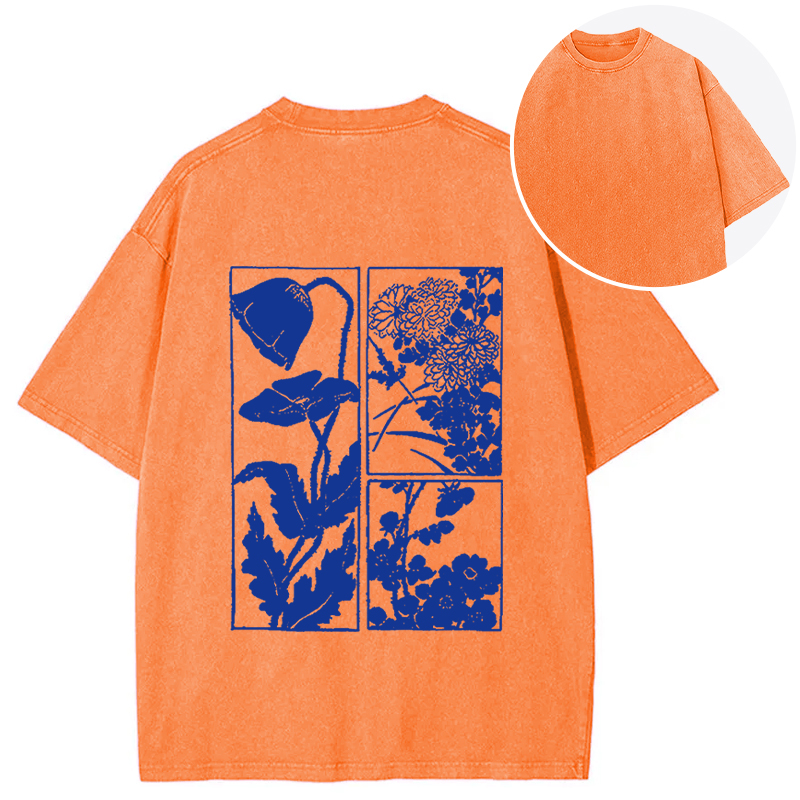 Tokyocanvas Woodcut Flowers Back Washed T-Shirt