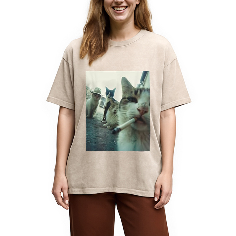Tokyocanvas Smoking Cat Meme Funny Washed T-Shirt