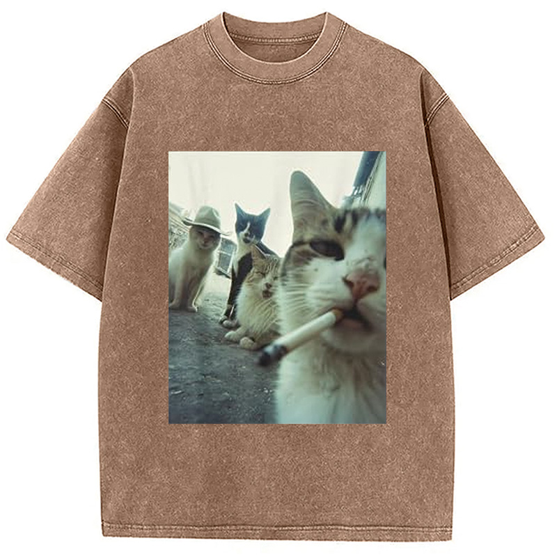Tokyocanvas Smoking Cat Meme Funny Washed T-Shirt